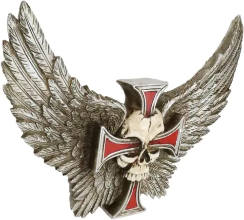 Vista 4 de Ebros Gift Ángel gótico cráneo alado con cruz de crucifijo rojo decoración de pared placa tiempo espera a nadie hombre guardián ángel calavera