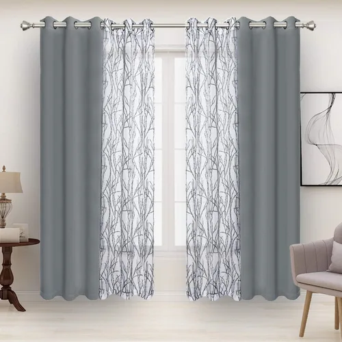 Vista 12 de BONZER Cortinas para Mezclar y Combinar - 2 Piezas de Cortinas Transparentes con Estampado de Ramas y 2 Piezas de Cortinas Opacas para Dormitorio