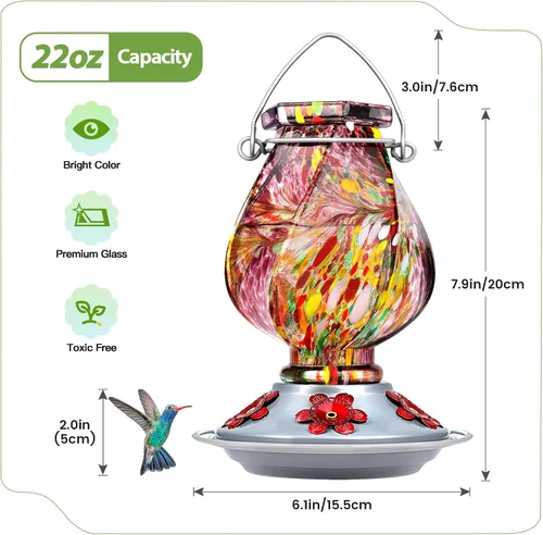Vista 8 de BOLITE - Alimentador de colibríes, de vidrio soplado a mano, para colgar en exteriores, con trampa para hormigas y 5 puertos de alimentación, 22