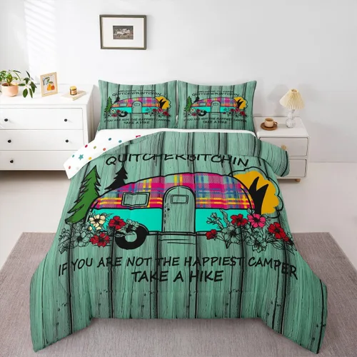 Vista 41 de Erosebridal Juego de edredón de cabaña de cabaña, juego de ropa de cama individual para niños, edredón de campamento con temática de campamento