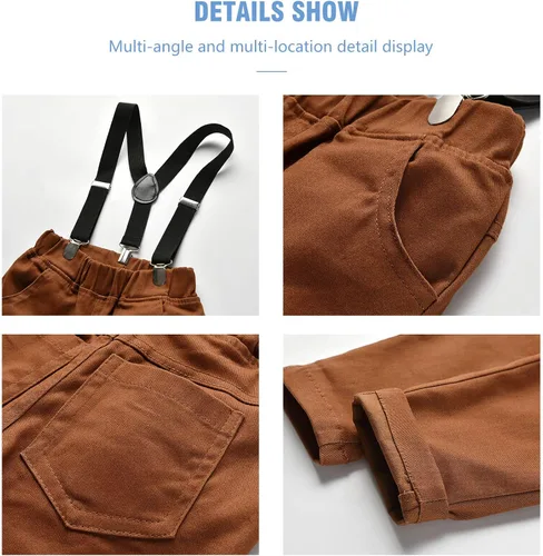 Vista 5 de Dinysuos Conjunto de traje de caballero para niño pequeño, camisa de vestir + corbatín + tirantes + pantalones de mezclilla de 12 meses a 6 años