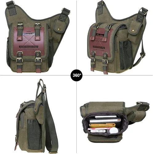 Vista 8 de Bolso de mensajero de lona vintage para hombre, bolso de mensajero de retazos de cuero en el pecho