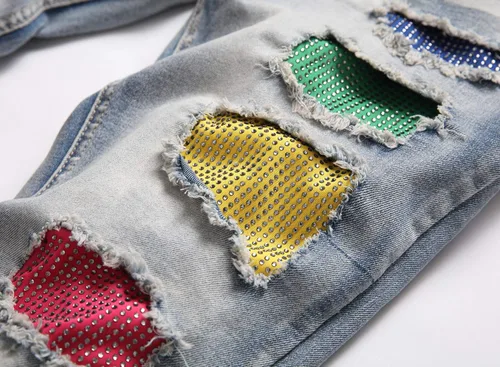 Vista 5 de Skinny Slim Fashion - Jeans elásticos para hombre, con agujeros rectos, estilo hip hop, para motociclista