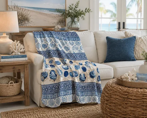 Vista 3 de Manta Decorativa para Decoración del Hogar Vida Oceánica Costera: Suave Felpa de Terciopelo Polar Tonos Calmantes de Azules, Verdes, Beige sobre