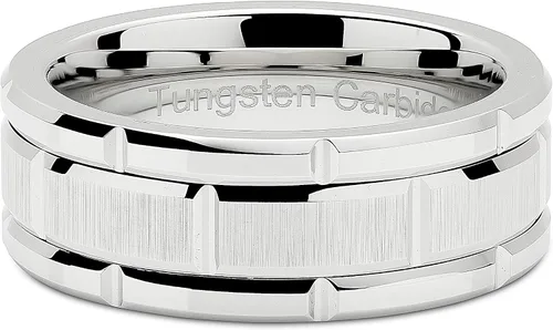 Vista 4 de 100S JEWELRY Anillos de tungsteno para hombres, alianza de boda con patrón de ladrillo de oro blanco, chapado en rodio, talla 6-16, Metal