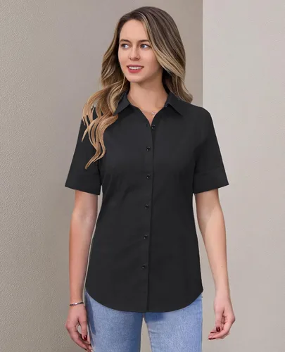 Vista 7 de siliteelon Camisas de vestir de manga corta con botones para mujer, camisas de algodón con botones para mujer, blusa ajustada de manga 3/4