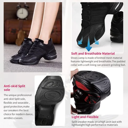 Vista 4 de Zapatos de jazz para mujer, con cordones, de malla, suela gruesa, zapatos de baile de jazz, amortiguadores, modernos y transpirables, suela