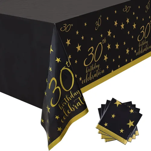 Vista 2 de Gatherfun Mantel Desechable para Cumpleaños de 30 Años Paquete de 4 Dorado y Negro Impermeable Cubierta de Mesa de Plástico para Hombres Mujeres 30