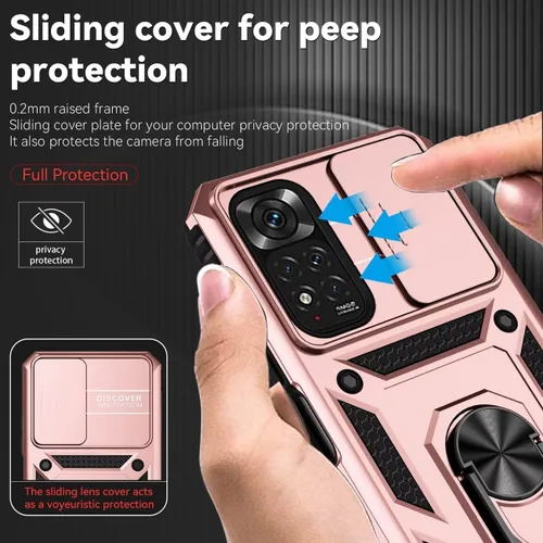 Vista 2 de Para Redmi Note 11 (4G)/Redmi Note 11S con protector de pantalla de vidrio templado y cubierta de cámara deslizante, anillo magnético Soporte de Oro