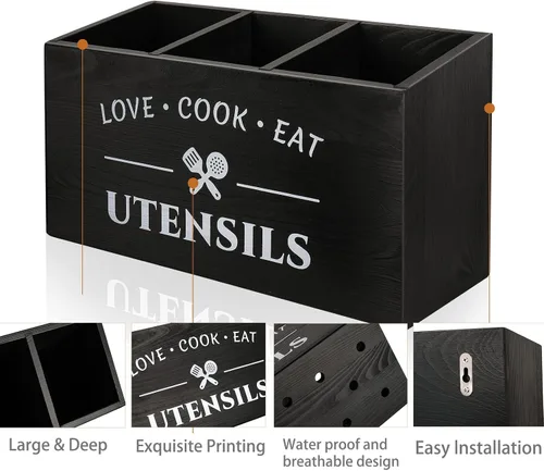 Vista 3 de MINCORD Soporte para utensilios de cocina con 3 compartimentos, caja organizadora de almacenamiento de madera rústica, caja organizadora