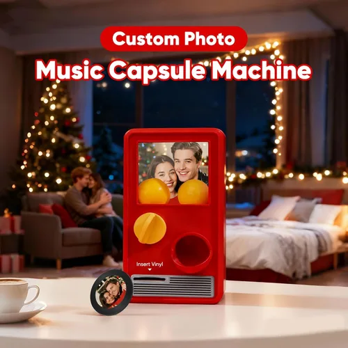 Vista 7 de Máquina de música Gachapon personalizada, mini reproductor de vinilo personalizado de canciones de Spotify y fotos, caja de música interactiva retro