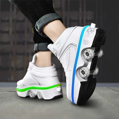 Vista 9 de Patines de ruedas para mujeres y hombres al aire libre, zapatos de parkour 2 en 1 con ruedas para niñas/niños, zapatos retráctiles de doble fila