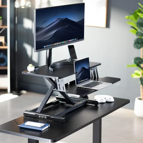 Vista 3 de VIVO DESK-VE32B - Convertidor de escritorio con motor eléctrico de 32 pulgadas, elevador de altura ajustable, monitor dual y estación de trabajo