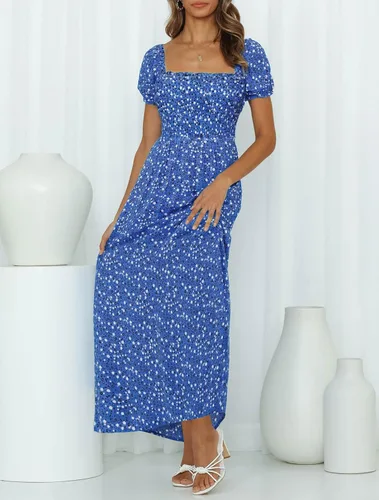 Vista 3 de ZESICA - Vestido de verano largo para mujer, diseño acampanado con cuello cuadrado y volantes, estampado floral y bohemio, para la playa
