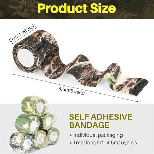 Vista 2 de Cinta envolvente autoadhesiva de camuflaje para protección de 5 cm x 4,5 m. Cinta de camuflaje discreta de tela no tejida. Vendaje elástico para ACU