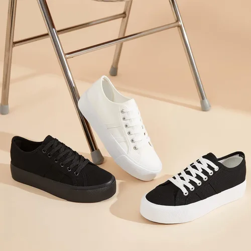 Vista 7 de Waluzs Zapatos deportivos de plataforma para mujer, zapatos de plataforma baja con cordones, zapatos de lona para mujer, zapatos de tenis blancos