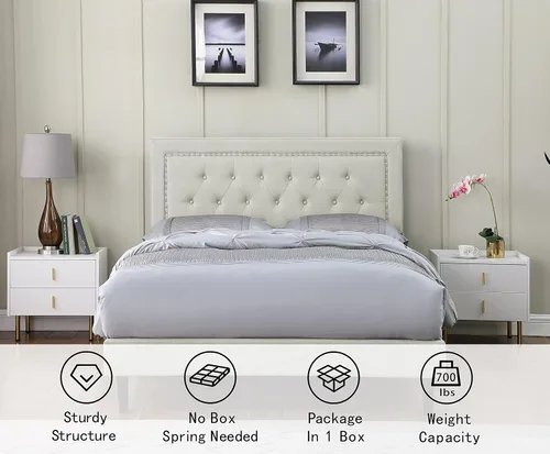 Vista 4 de Base de cama de plataforma tapizada tamaño matrimonial con cabecero ajustable de 48 pulgadas de alto, cama de terciopelo de lino con botones