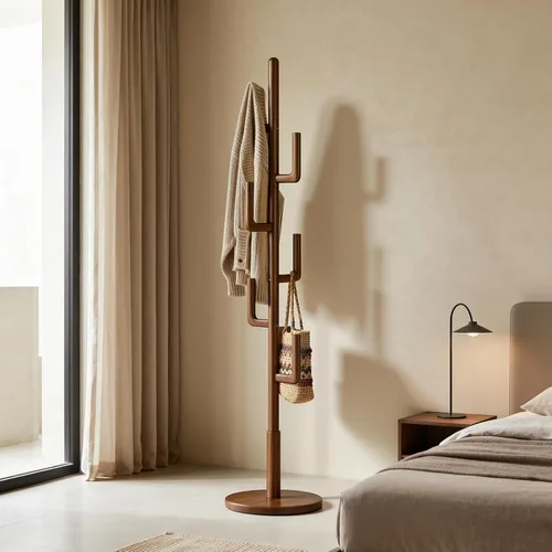 Vista 2 de Perchero independiente de cactus de madera maciza con 6 ganchos en forma de L y 3 tamaños ajustables, perchero para dormitorio, entrada, sala