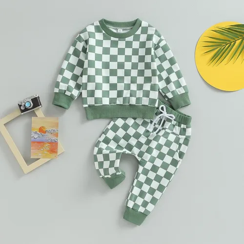 Vista 2 de Karuedoo Conjunto de ropa de otoño e invierno para bebé niño y niña, sudadera de manga larga a cuadros