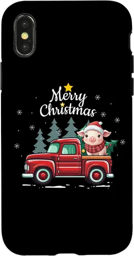 Vista 4 de Funda divertida para iPhone 15 Pig Christmas Truck Plaid