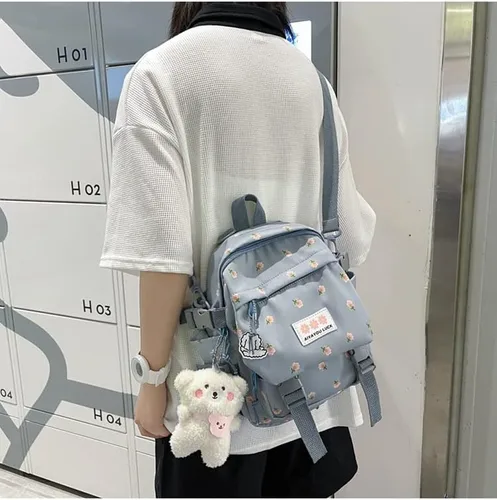 Vista 4 de kakarin choyx Mochila estética Kawaii de 10.6 pulgadas con colgante mini mochila linda mochila japonesa bolsa de flores, Azul, Kawaii
