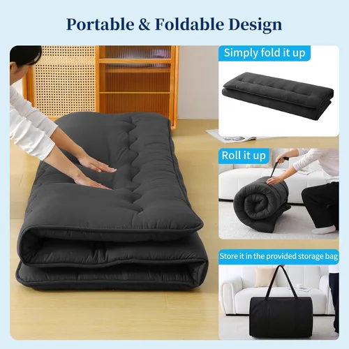 Vista 8 de Colchón de futón japonés – Colchón grueso de color negro, almohadilla plegable de tatami de 5 capas con bolsa de almacenamiento y correas, colchones