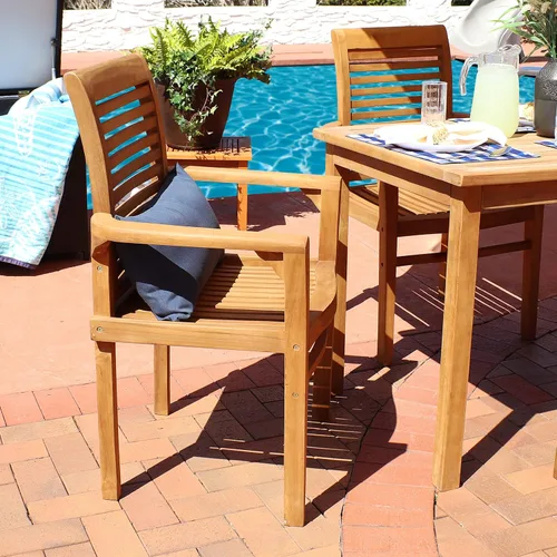 Vista 2 de Sunnydaze Silla de comedor de teca maciza para exteriores, silla de patio con listones de madera duradera con brazos para patio trasero, terraza