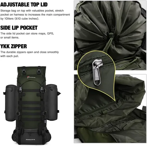 Vista 5 de Mardingtop Mochila de marco interno de 65L+10L para senderismo, camping, caza, mochila de mochilero con cubierta de lluvia
