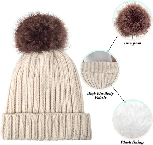 Vista 6 de Juego de 3 gorros de punto de invierno para mujer, bufanda y guantes para pantalla táctil con pompón