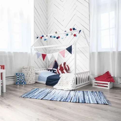 Vista 6 de Casa de la cama de los niños con rieles, Montessori cama de piso para niños pequeños, marco de cama en forma de casa Kds, marco de cama Montessori