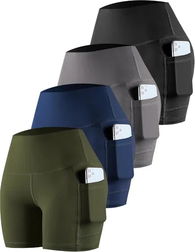 Vista 29 de CHRLEISURE - Pantalones cortos de ciclismo para mujer con bolsillos de licra, cintura alta, con control de abdomen para entrenamiento, yoga