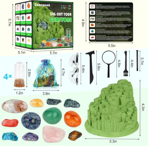 Vista 5 de Kit de excavación de piedras preciosas (forma única), gran kit de ciencia STEM para niños, excava tus propias 12 piedras preciosas reales, juguetes