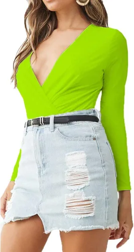 Vista 6 de LINMON Body de manga larga para mujer Surplice fruncido con cuello en V profundo y elástico