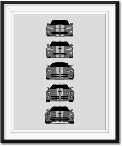 Vista 14 de Custom Car Posters Póster hecho a mano compatible con Dodge Viper Generations e impresión de Viper R/T GTS SRT10, color rojo con rayas blancas, 3.