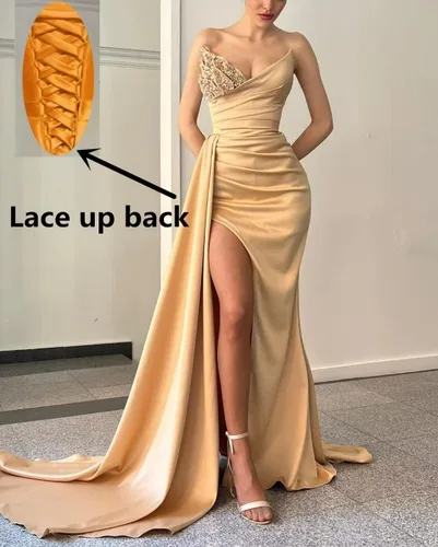 Vista 4 de Vestidos de sirena con cuentas de lentejuelas 2024 sin tirantes, vestidos largos de satén para dama de honor, vestido formal de fiesta de noche