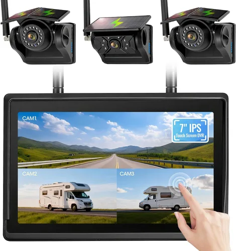 Vista 9 de Sistema de cámara de respaldo inalámbrico solar magnético, pantalla táctil IPS de 7 pulgadas con DVR, cámara de visión nocturna IR recargable