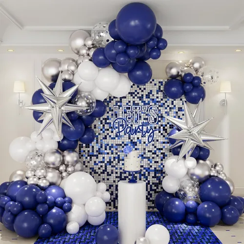 Vista 12 de Kit de arco de guirnalda de globos negros y plateados, 146 globos metálicos plateados y negros con globos plateados de papel de aluminio de estrella