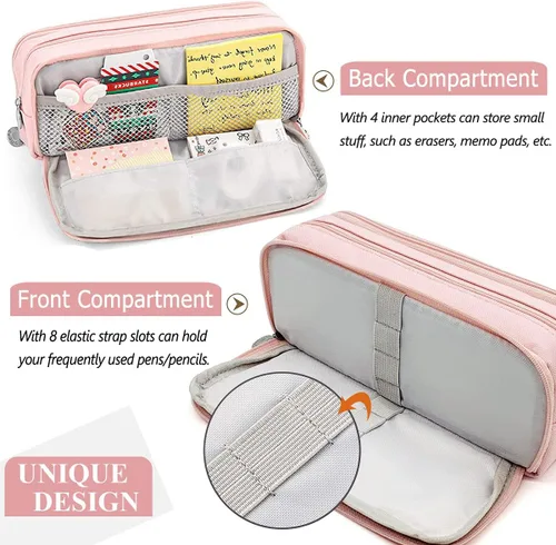 Vista 5 de Estuche para bolígrafos de gran capacidad con 3 compartimentos, bolsa de cosméticos de lona para mujeres y adultos, organizador de estudio y oficina
