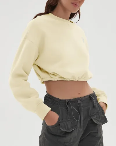 Vista 5 de CHYRII Sudadera corta de gran tamaño para mujer, de forro polar, cuello redondo, manga larga, para otoño e invierno