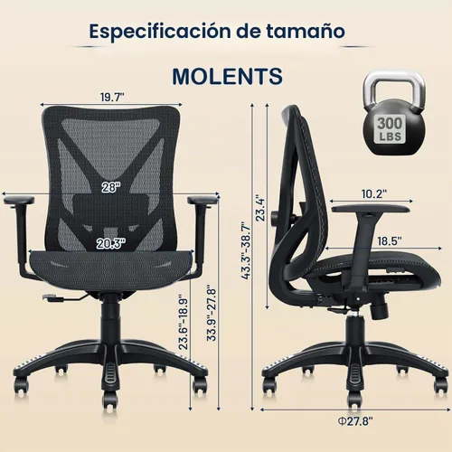 Vista 3 de Silla de oficina ergonómica, sillas de escritorio de malla para computadora con soporte lumbar ajustable, reposabrazos 3D, función de inclinación