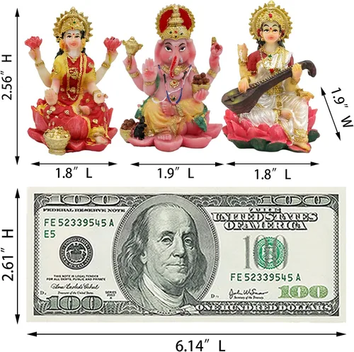 Vista 6 de alikiki Estatua hindú de Laxmi Ganesh Saraswati – 2.5 pulgadas de alto India Dios Lakshmi Ganesha figura para decoración de tablero de automóvil