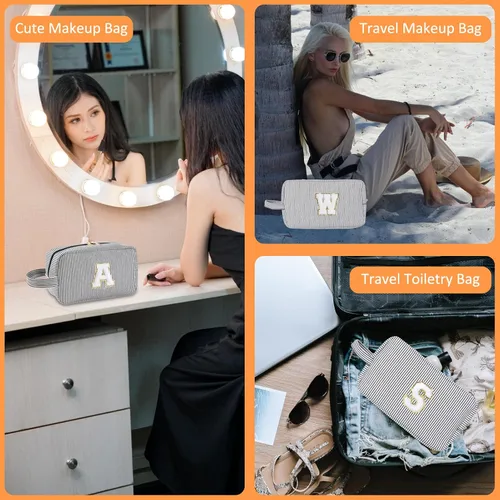 Vista 6 de Bolsa de maquillaje personalizada con inicial A-Z para mujeres, niñas y niños, bolsa de aseo de viaje, bolsa de maquillaje preparada, bolsa