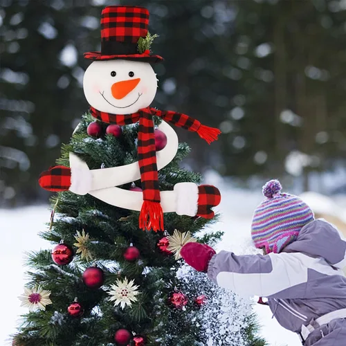 Vista 7 de Juegoal - Muñeco de nieve para la copa del árbol de Navidad, muñeco de nieve grande y suave para abrazar la copa del árbol con sombrero a cuadros
