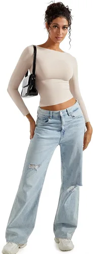 Vista 5 de SUUKSESS Camiseta de mujer con cuello redondo, manga larga, doblemente forrada, ajustada y corta