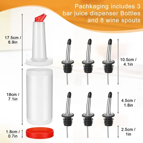 Vista 2 de Chengu Botellas de jugo de frutas de 34 onzas líquidas, suministros de barra de licor de plástico con vertedor de botellas de acero inoxidable