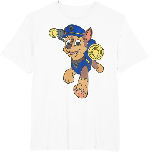 Vista 64 de Paw Patrol Chase Character Patch - Camiseta negra de manga corta con cuello redondo y ajuste clásico, talla S Negro