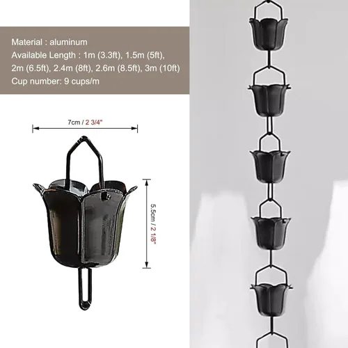 Vista 2 de Rain Chains Aluminum Rain Chain for Heavy Rain, Decorative Chimes & Rain Catcher Cups(100cm/3.3ft)