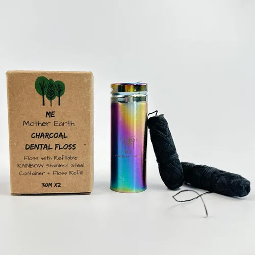 Vista 9 de Hilo dental de carbón de bambú biodegradable vegano con recipiente de acero inoxidable negro recargable, 98.4 ft x 2 pulgadas, hilo dental extra