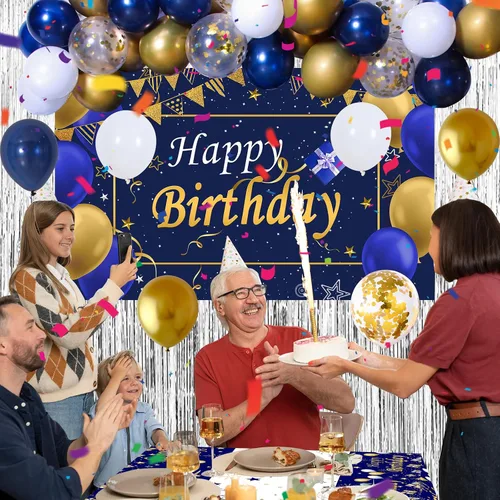 Vista 3 de Decoraciones de cumpleaños azules y doradas para hombres y mujeres, decoraciones de feliz cumpleaños para niños y niñas, decoración de fiesta, telón
