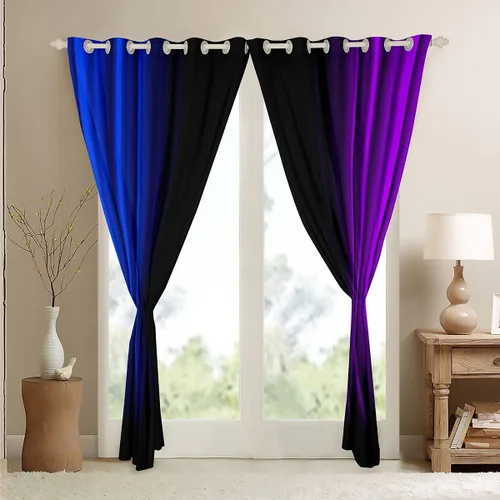 Vista 4 de Feelyou Cortinas abstractas degradadas para niños, adolescentes y mujeres, cortinas de ventana azules, moradas y negras, tratamientos geométricos